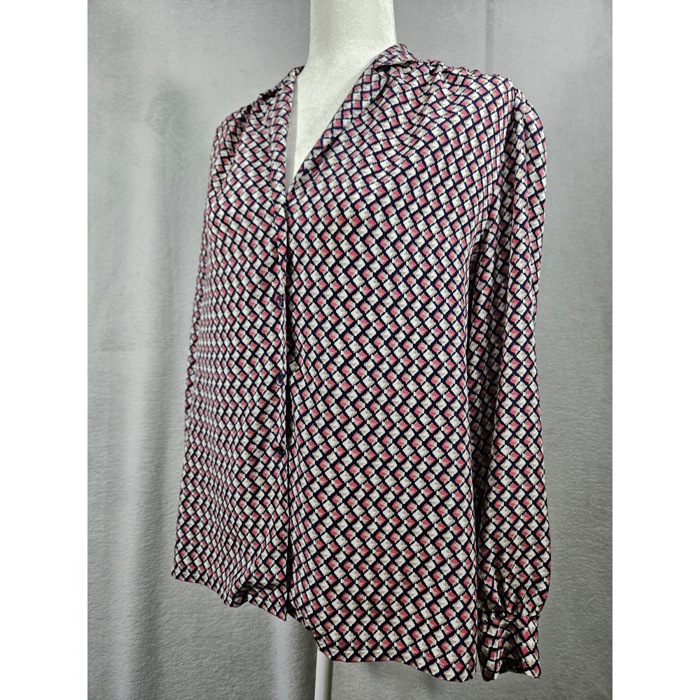 Vintage Womens JAMES KENROB BY DALTON Blouse 12 Blue Print USA Top Sakowitz READ